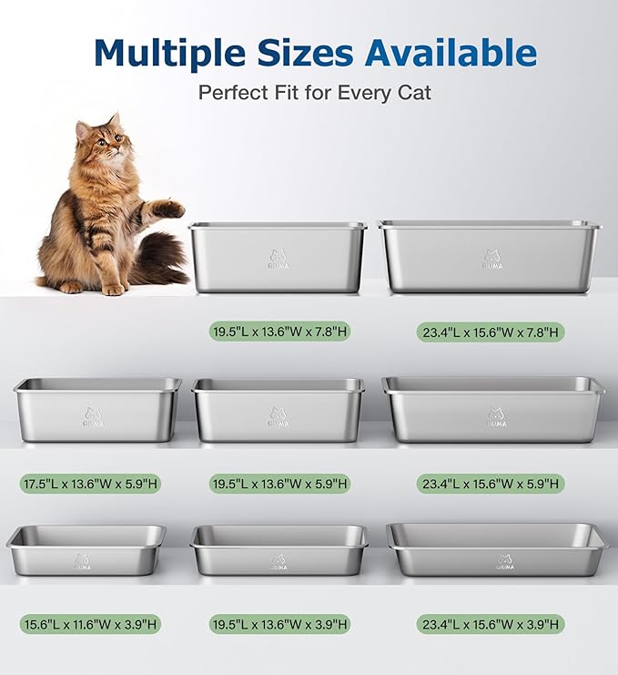 Stainless Steel Litter Box, Large Metal Cat Litter Box with High Sided for Big and Small Cats, Non-Stick, Easy to Clean, Odor-Free, 17.5" L×13.6" W×5.9" H, Leaf Green