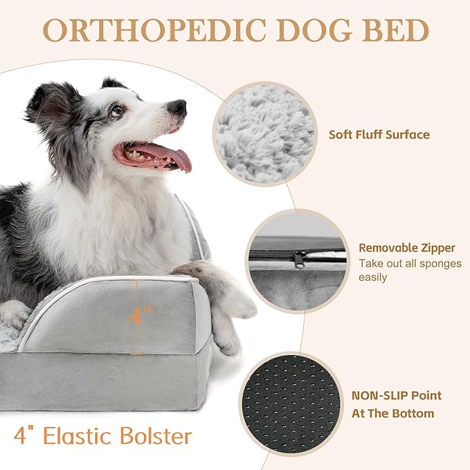 Comfort Expression Medium Dog Beds Waterproof Orthopedic Foam Dog Sofa Beds for Medium Large Dogs Comfy Pet Bed with Washable Removable Cover & Non-Slip Bottom(Medium,Grey White)