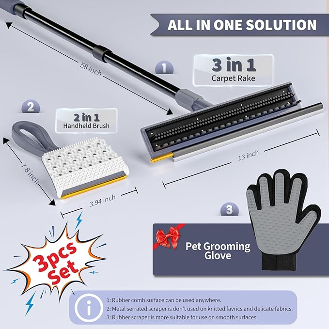 3 in 1 Carpet rake Kit for Pet Hair Removal Tool - Reusable Pet Hair Remover Broom w 58" Adjustable Long Handle, Dog & Cat Carpet Scraper, Pet Hair Remover for Rugs, Mats, Couch, Curtains(Gray)