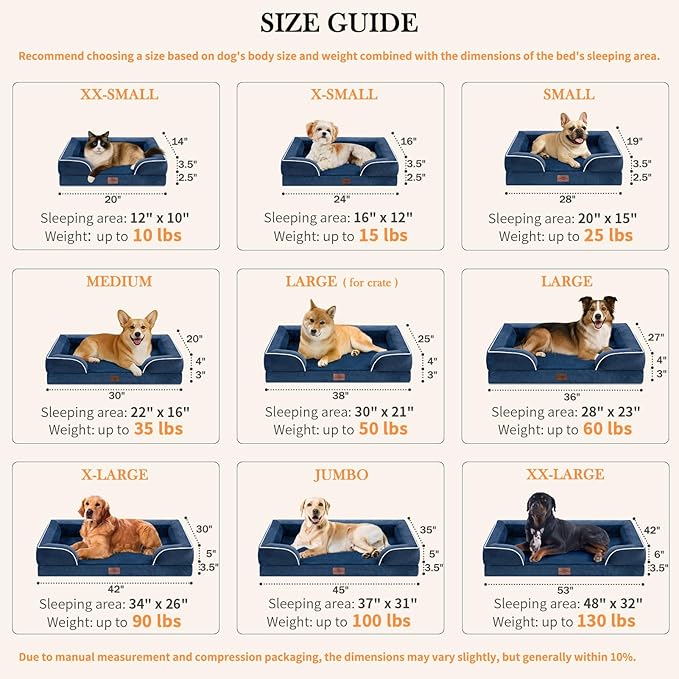 Comfort Expression Medium Dog Beds Waterproof Orthopedic Foam Dog Sofa Beds for Medium Large Dogs Comfy Pet Bed with Washable Removable Cover & Non-Slip Bottom(Medium,Navy Blue)