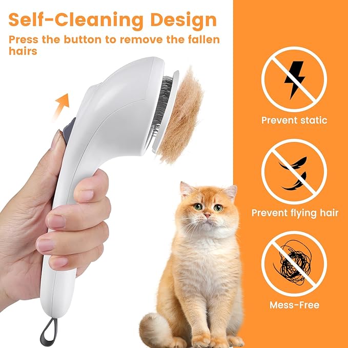 3 in 1 Cat Steam Brush for Cats & Dogs, Pet Spray Hair Removal Comb for Shedding & Grooming, Rechargeable Water Brush for Long & Short Haired Pets with Release Button(White)