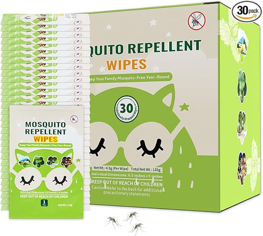 30 PCS Mosquito Repellent Wipes, Individually Wrapped Insect Repellent Wipes Made of Natural Plant-Based Essential Oils, Safe & Effective Insect Protection Perfect for Outdoor Activities, Long-Lasting