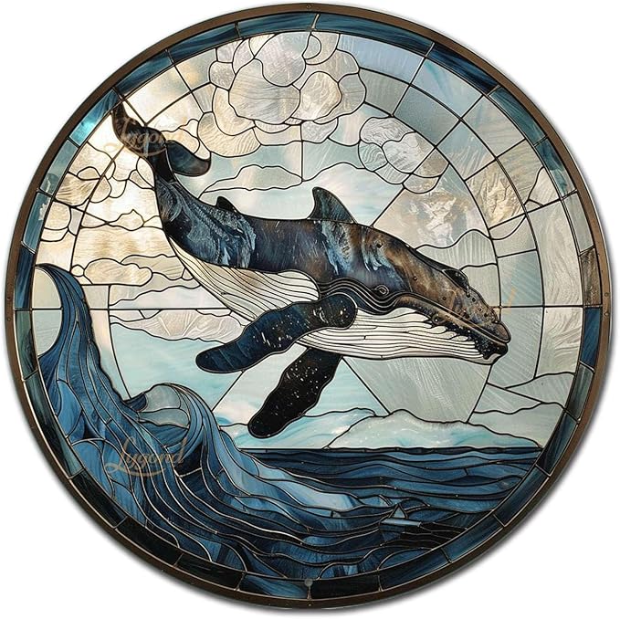 Lygond Metal Sign Tin Sign Circular Stained Glass Whale Sign for Garden for Restaurant 12×12 Inches