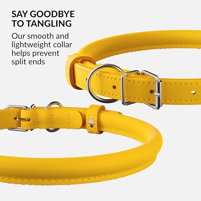 CollarDirect Rolled Leather Dog Collar, Soft Padded Round Puppy Collar, Handmade Genuine Leather Collar Dog Small Large Cat Collars 13 Colors (15-19 Inch, Yellow Smooth)