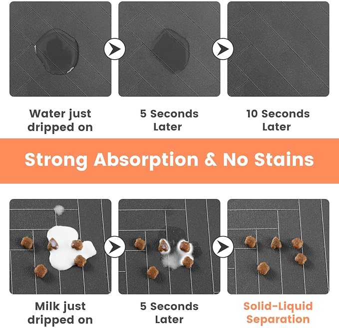 Pet Feeding Mat-Absorbent Pet Placemat for Food and Water Bowl, with Waterproof Rubber Backing, Quick Dry Water Dispenser Mat for Dog and Cat (16"x24", Striped Dark Gray)