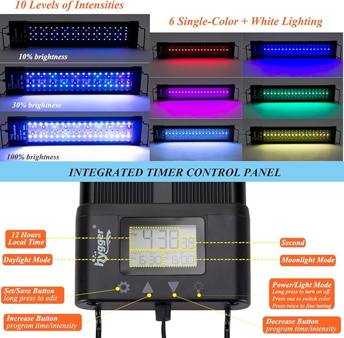 hygger Auto On Off LED Aquarium Light 18-24 Inches Dimmable 7 Colors Full Spectrum Fish Tank Light Fixture for Freshwater Planted Tank Build in Timer Sunrise Sunset