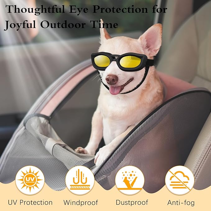Small Dog Goggles, UV/Wind/Dust/Fog Proof Sunglasses for Outdoor Activities, Black
