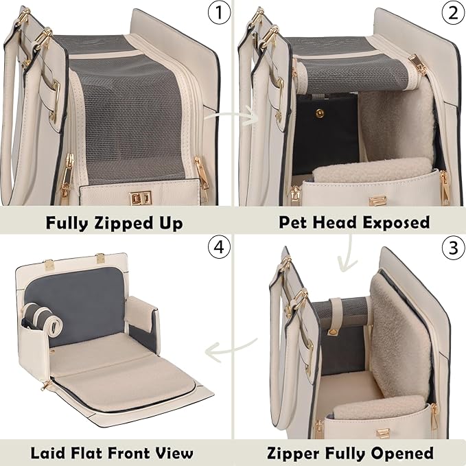 2-in-1 Stylish Dog Purse Carrier Soft-Sided Carriers Travel Tote Bag for Small Dogs Cats, Fashion Foldable Pet Bag for Puppies Small Animals with Pockets (White, 15" L x 7.5" W x 12.2" H)