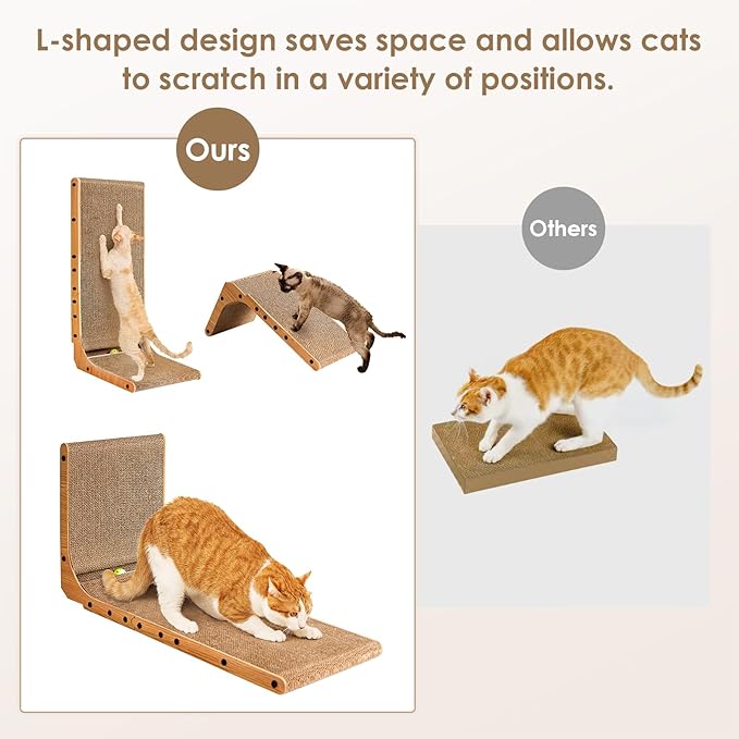EHEYCIGA Cardboard Cat Scratcher for Indoor Kitten Cats, 19 Inch L Shaped Vertical Cat Scratching Board with Ball Cat Toy, Small Cat Scratcher Pad, Brown