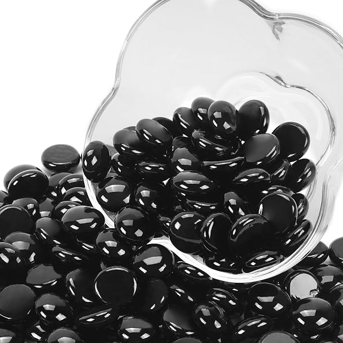 2LB Black Flat Glass Marbles for Vases, Gemstone Beads Vase Filler Decorative Glass Pebbles for Fish Tank, DIY Crafts, Aquarium Decor Rocks