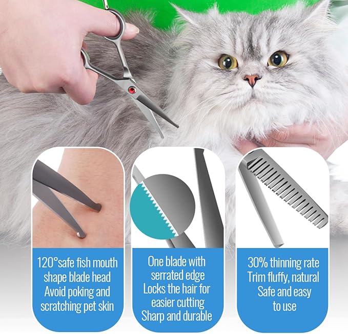 4.5" Dog Grooming Scissors - 3 Pcs Curved & Straight Thinning Shears for Small Dogs & Cats - Japan 440C Stainless Steel