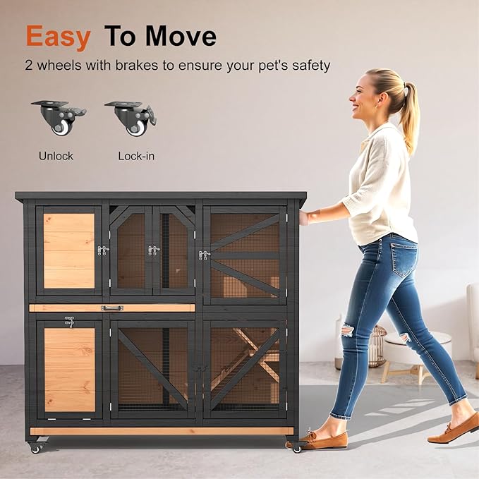 47.3" Two Story Rabbit Cage Bunny Cage Indoor, Wooden Rabbit Hutch Hamster Cages for Small Animals, Outdoor Guinea Pig Cages with Wheels & 2 Removable Trays & Bottom Wire Mesh