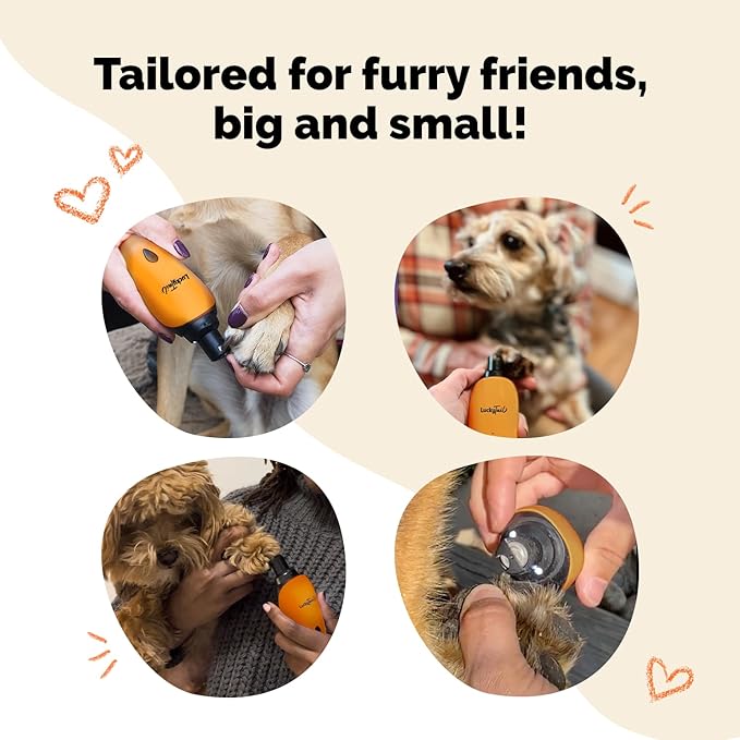LuckyTail Pet Nail Grinder for Dogs and Cats - Super Quiet and Low Vibration Electric Dog Nail Grinder with 2 LED Lights - USB Rechargeable and Cordless - 2 Speeds - Small to Large Pets - Orange