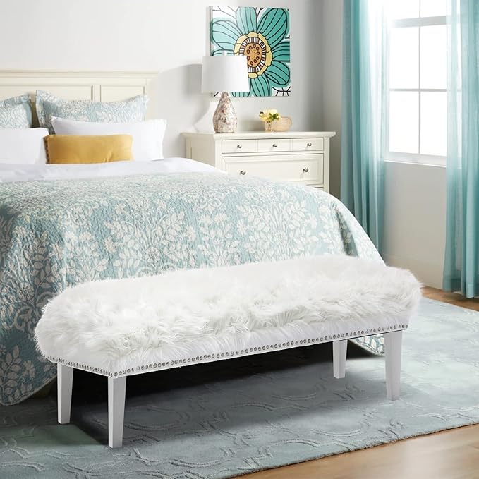 46 Inch White Bedroom Bench, Modern Multi-Purpose Bench with Wooden Legs, White Faux Fur Upholstered Bench for Bedroom, Living Room, or Entryway