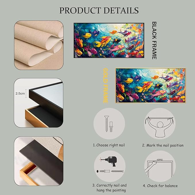 School of Fish Printed Canvas Wall Art – Framed Abstract Ocean Print – Vibrant Fish Wall Decor for Living Room, Bedroom, Office (Gold Framed, 31"x15"|80x40cm)