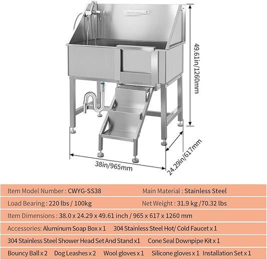38 Inch Dog Bathing Station for Large Dogs, Stainless Steel Dog Pet Washing Station, Professional Dog Grooming Tub, Pet Wash Bath Station,Right Door