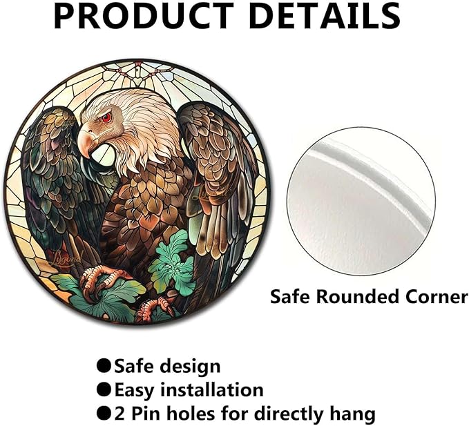 Lygond Metal Sign Tin Sign Circular Stained Glass Vulture Vintage Decor for Patio 8×8 Inches