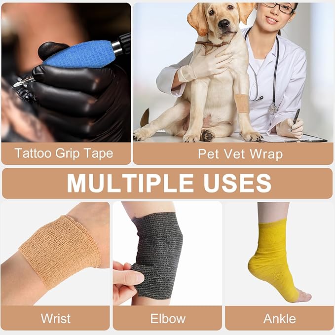 24 Pack Self Adhesive Bandage Wrap, 2” x 5 Yards Cohesive Medical Tape Elastic Grip Tape Sports Tape Athletic for Ankle, Wrist Sprains, Pet First Aid (Brown, 2 Inch)