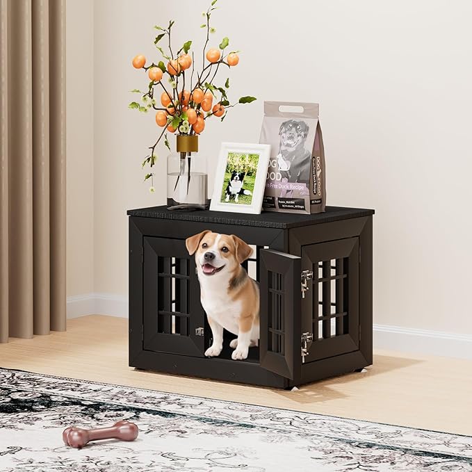 26" Heavy Duty Dog Crate Furniture for Small,Medium and Large Dogs,Rustic Wooden Dog Cage Kennel Indoor Furniture with Waterproof Top,Decorative Pet House Side End Table (Black)