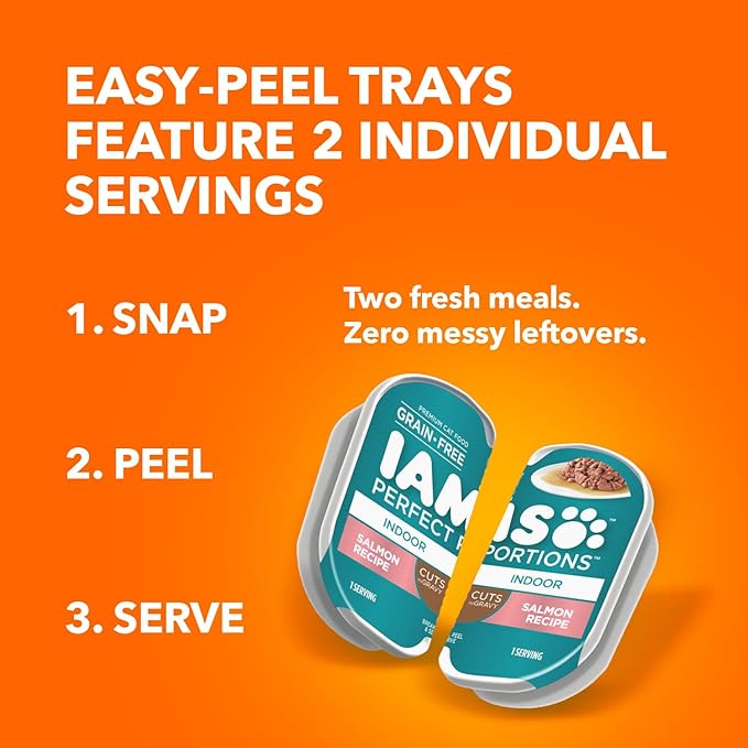 IAMS Perfect Portions Indoor Adult Wet Cat Food Cuts in Gravy Variety Pack, Salmon and Tuna Recipes, 2.6 oz. Easy Peel Twin-Pack Trays (12 Count, 24 Servings)