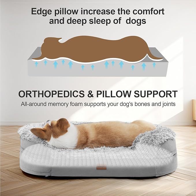 3.7 inch Thickened Orthopedic Dog Beds for Medium Dogs, Supportive Dog Sofa Bed with 28D Egg-Crate Foam, Removable Washable Plush Cover, Waterproof Lining, Half-Round Design for Puppy,Senior Dog