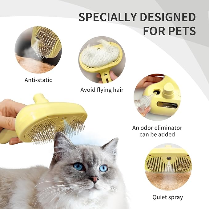 3 In 1 Steamy Brush with Release Button and Tank, Anti-Static Pet Brush for Long and Short Hair Pets to Remove Tangles and Loose Fur (Yellow)