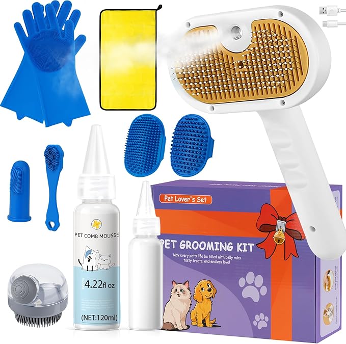 3-in-1 Pet Steam Brush Set for Dogs & Cats, Grooming Comb with Spray, Defur Tool, Water-Free Shampoo, Bath Gloves,Bath Brush, Tooth & Ear Brush, Towel (11PCS)