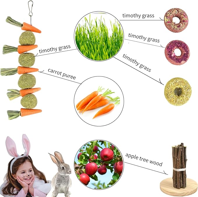 31 Pcs Small Pet Chew Toys for Dental Health - Natural Apple Wood, Timothy Grass Sticks & Sweet Bamboo, Teeth Grinding Toys for Rabbits, Guinea Pigs, Hamsters, Chinchillas Cage Accessories