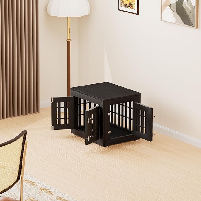 26" Heavy Duty Dog Crate Furniture for Small,Medium and Large Dogs,Rustic Wooden Dog Cage Kennel Indoor Furniture with Waterproof Top,Decorative Pet House Side End Table (Black)