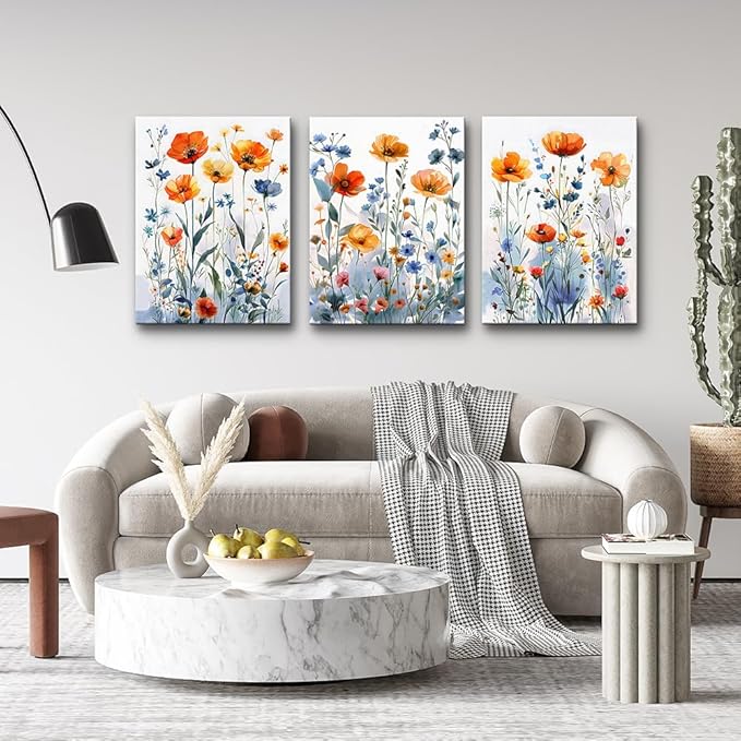 TTHYUEWS Large Canvas Wall Decor for Living Room Boho Wall Art for Bedroom Wall Decorations For Kitchen Family Room Wall Pictures Artwork Flowers Watercolour Paintings Modern Home Decor 3 Pieces