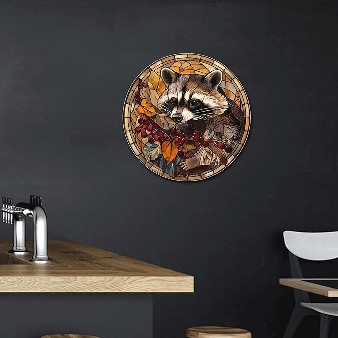 Lygond Metal Sign Tin Sign Circular Stained Glass Raccoon Garden Metal Sign for Pub 12×12 Inches