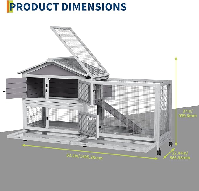 2-Tier Rabbit & Chicken House Mobile,Wooden Chicken Coop & Bunny Cage with Non-Slip Ramp, 4 Doors,Waterproof Roof & Pull-Out Tray,Outdoor/Indoor Pet Cage Movable