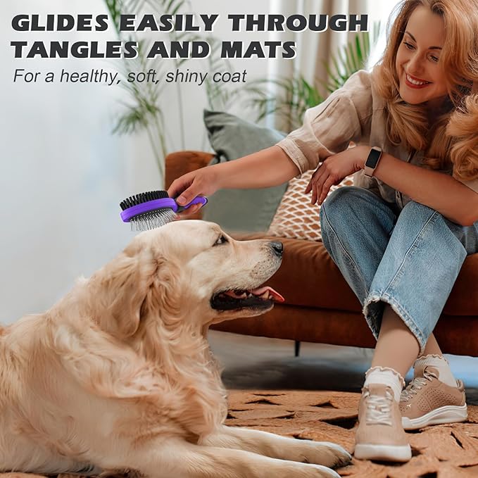 2PCS Pet Grooming Tools - Double-Sided Brush for Shedding and Bathing, Suitable for Short/Long Haired Dogs Cats and Horses, Deshedding Dog Brush, Mane & Tail Combs for Horses - Pet Supplies (Purple)