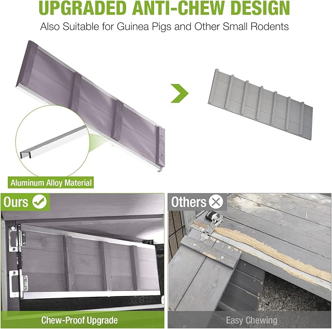 2 Story Rabbit Hutch Indoor Outdoor Rabbit Bunny House Guinea Pig Cage Wooden Pet House for Small Animals with 2 Large Rooms, Chewproof Ramp, Ventilation Door, Removable Trays (Grey)