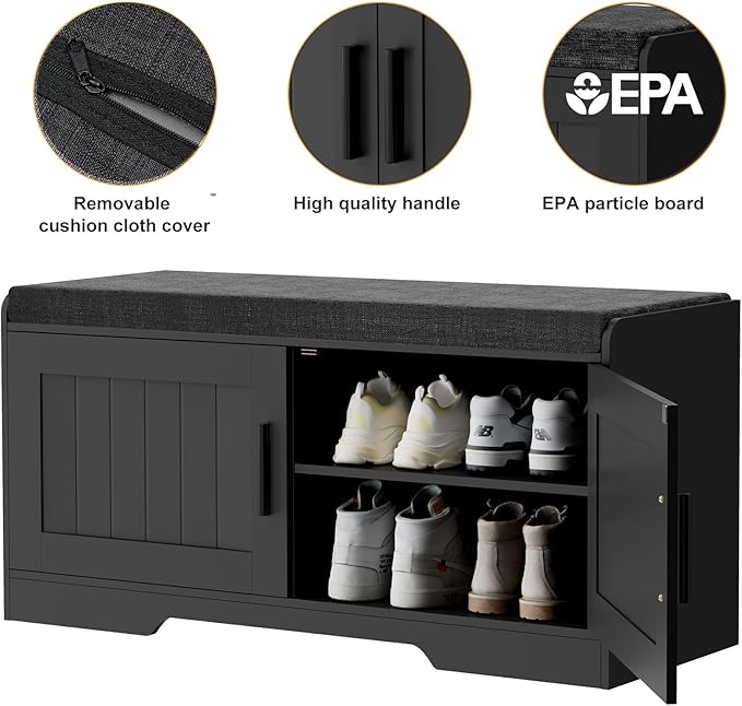 2-Tier Storage Bench, Shoe Bench with Thickened Padded Seat Cushion, Entryway Bench with 2 Doors, Adjustable Shelf, 13.8" D x 37.4" W x 18.5" H, for Entryway, Living Room, Bedroom, Black