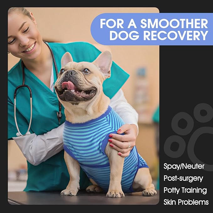 FUAMEY Recovery Suit for Dogs After Surgery,Soft Breathable Dog Bodysuit E-Collar & Cone Alternative Surgical Suit,Male Female Dog Neuter Spay Suits Anti Licking Wounds Onesie Navy Blue Strips S