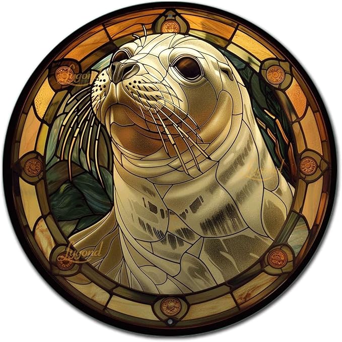 Lygond Metal Sign Tin Sign Circular Stained Glass Harbor Bathroom Signs Decor For Patio 12×12 Inches
