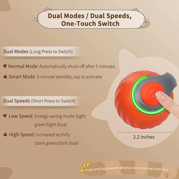 Speedy Tail 2.0 Interactive Cat Toy – Smart Self-Rolling Cat Ball with Feather Tail, Automatic Moving Motorized Toy for Indoor Cats, Chasing & Hunting Fun (Orange)