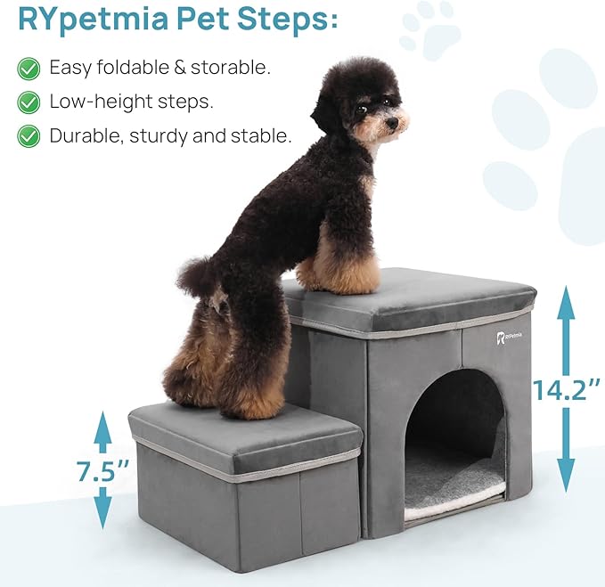 Foldable Pet Stairs for Beds & Sofas - Non-Slip Dog Steps with Storage for Small to Medium Dogs & Cats, Supports up to 120 lbs - Durable 2 & 3-Step Doggie Ladder for Easy Access