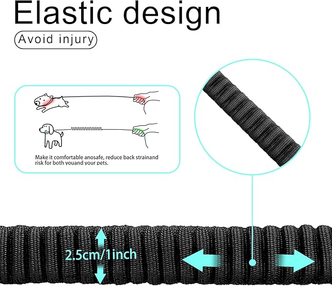 20” Strong Short Leash for Dog, Heavy Duty Bungee Dogs Leash with Padded Handle Car Seatbelt, Small Dog Training Leashs for Large or Medium Dogs - Can be Used with Other leashes (Black)