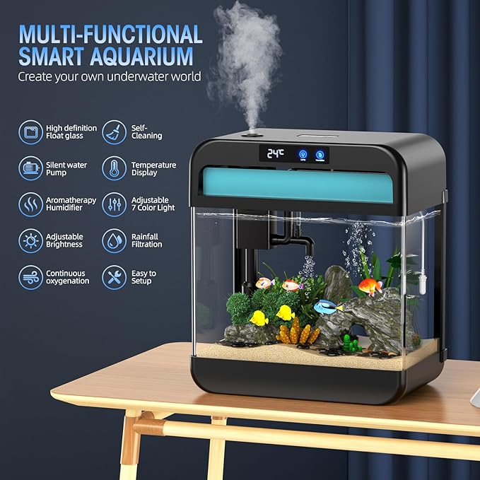 Fish Tank 2.2 Gallon Fish Bowl with Humidifier 7 Color Auto-Looping Light 3 in 1 Quiet Pump with Filteration & Oxygenation & Circulation, Temperature Display, HD Float Glass, Thickened Base