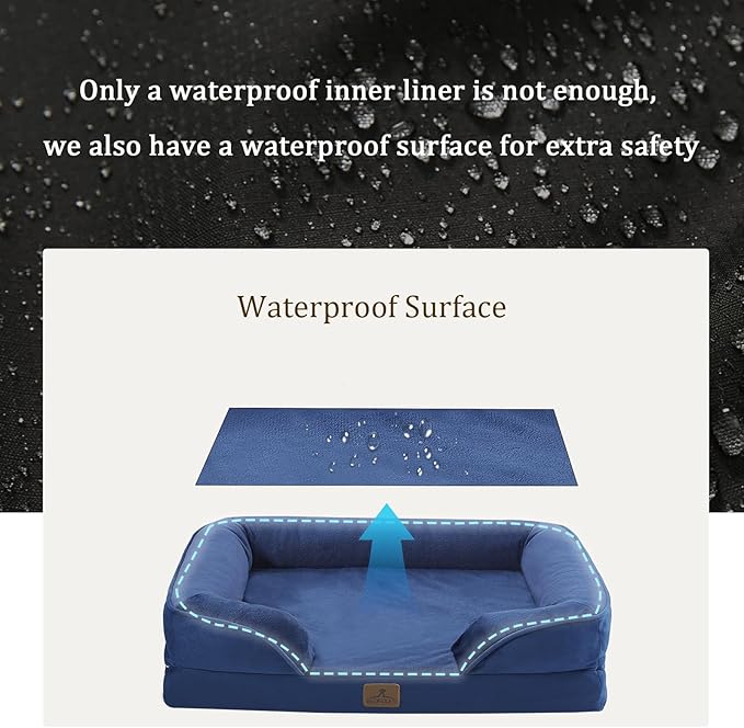 Bedfolks Orthopedic Dog Bed, Big Waterproof Dog Sofa Bed for Large Dogs, Egg Foam Pet Couch Bed with Removable Washable Cover and Nonslip Bottom, Navy Blue