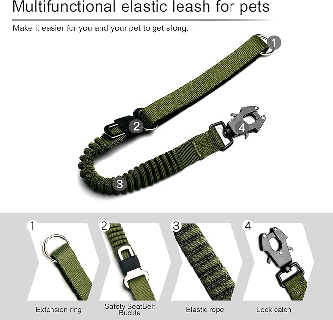 20” Strong Short Leash for Dog, Heavy Duty Bungee Dogs Leash with Padded Handle Car Seatbelt, Dog Training Leashs for Large or Medium Dogs - Can be Used with Other leashes (Army Green)