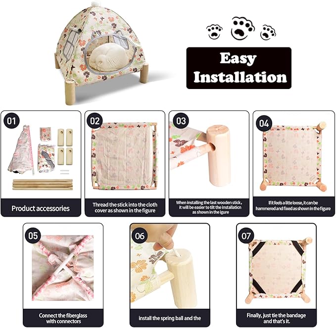 2-in-1 Elevated Cat Tent Cat House, Quick Assembly and Disassembly, Portable Indoor/Outdoor Cute Cat Bed Cave-Butterfly and Flower