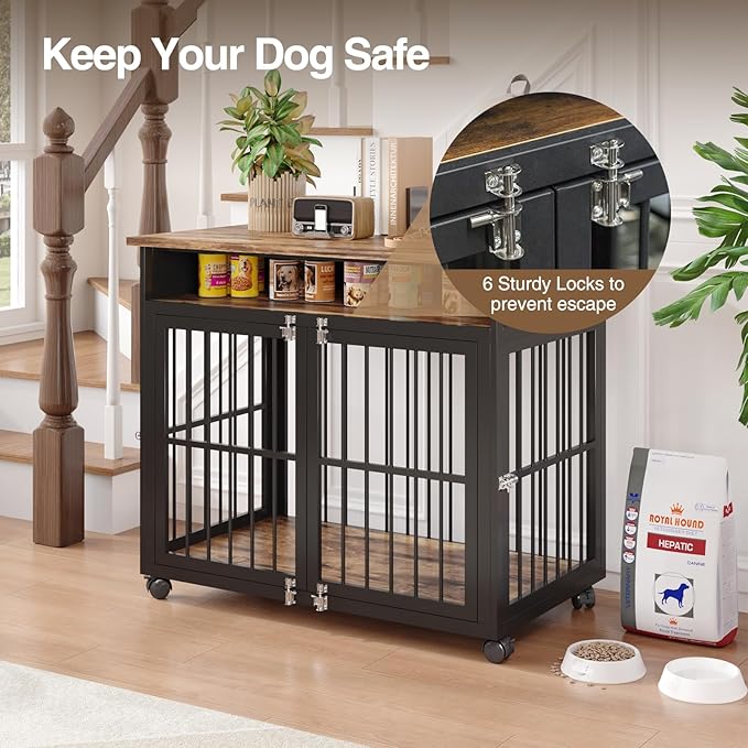 39.4" Dog Crate Furniture for Medium and Large Breed, Dog Kennel Furniture with Storage Shelf & Lockable Wheels, Heavy Duty Wooden End Side Table Pet Cage Indoor, Chew-Resistant, Brown