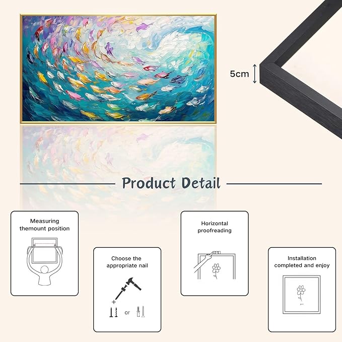 Fish Canvas Wall Art, Abstract School of Fish Canvas Wall Art, Ocean Picture Print, Sea Life Print Decor, Nautical Painting, Living Room, Bedroom, Bathroom Decor (Gold Framed, 23"x13" | 60x35cm)