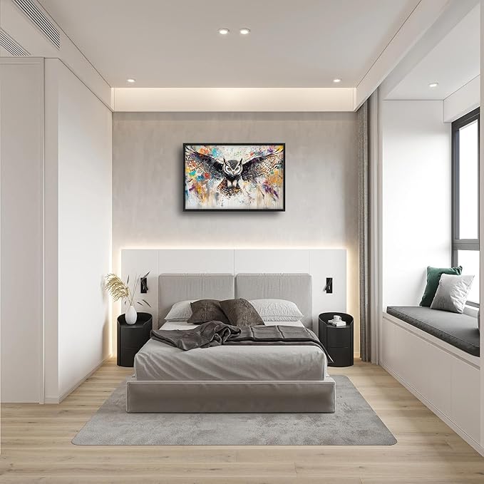Large Owl Wall Art for Living Room, Framed Oversized Banksy Owl Wall Decor Colorful Wildlife Canvas Painting Animal Pictures Modern Artwork for Living Room Bathroom Bedroom Office Dining Room 36"x24"