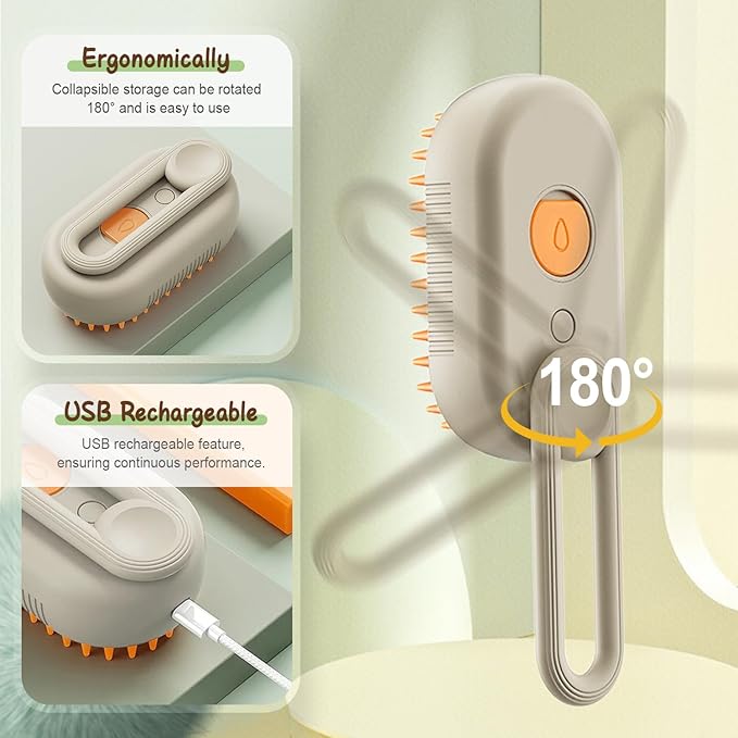 New Cat Steam Brush, 3 in 1 Pet Steam Groomer Brush, Rechargeable Pet Steam Groomer Comb for Massaging and Cleaning Shedding Pets Hair, Multifunctional Hair Removal Comb for Cats Dogs (Khaki+White)