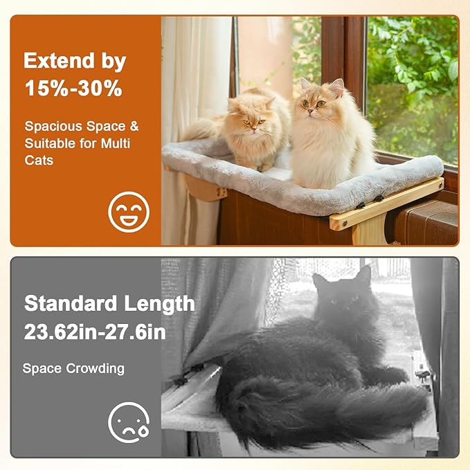 Oversized Cat Window Perch, 31.5 x 14.96 in, Cat Window Hammock with Plush Bolster for Large Felines and Multi Felines, Adjustable Cats Bed for Windowsill, Bedside, Cabinet & Drawer (Gray)