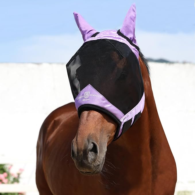 Harrison Howard Pro Luminous Horse Half Face Fly Mask Large Eye Space with Ears UV Protection for Horse Gentle Lavendar XL